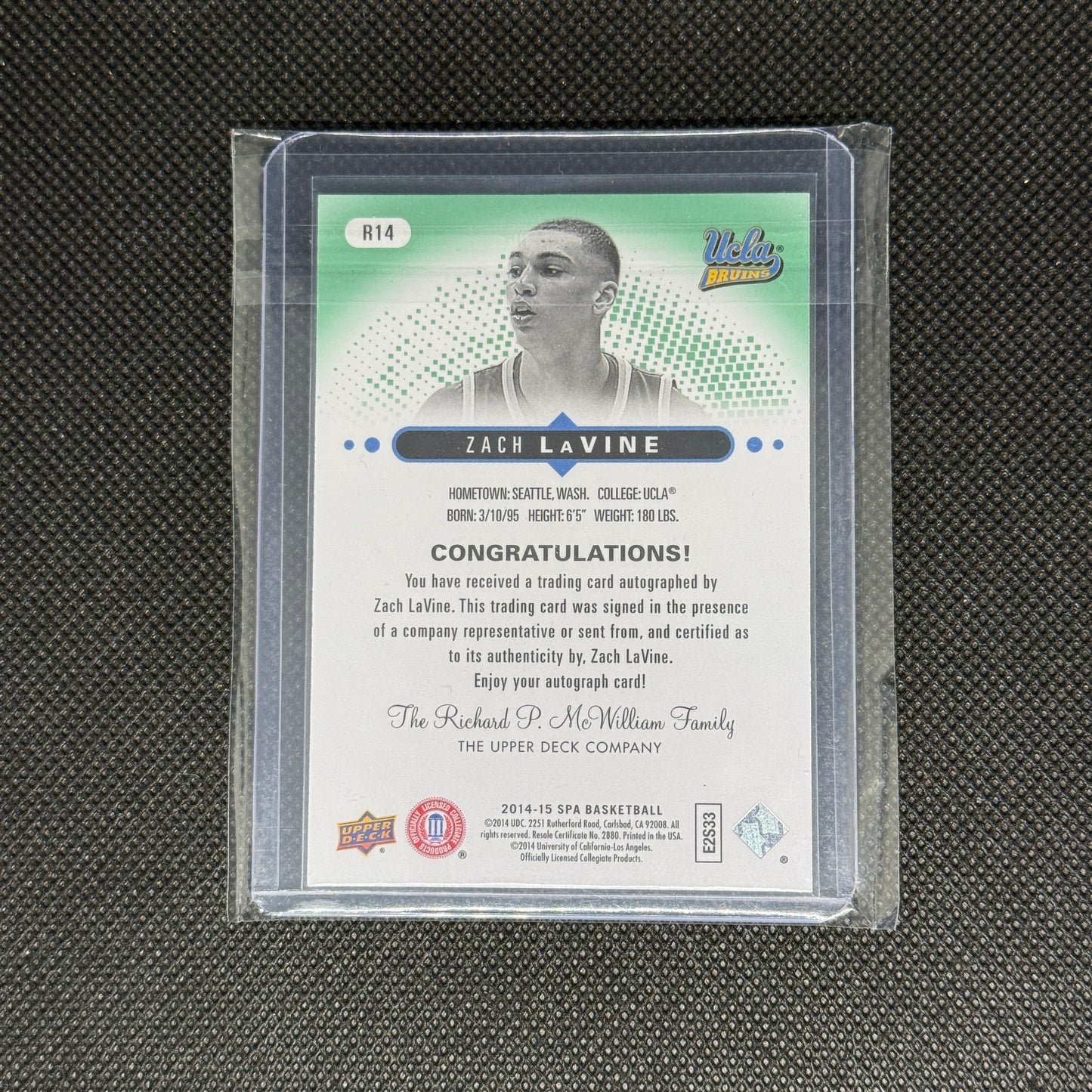 ZACH LAVINE 2014-15 Upper Deck SP Authentic Auto /225 On Card