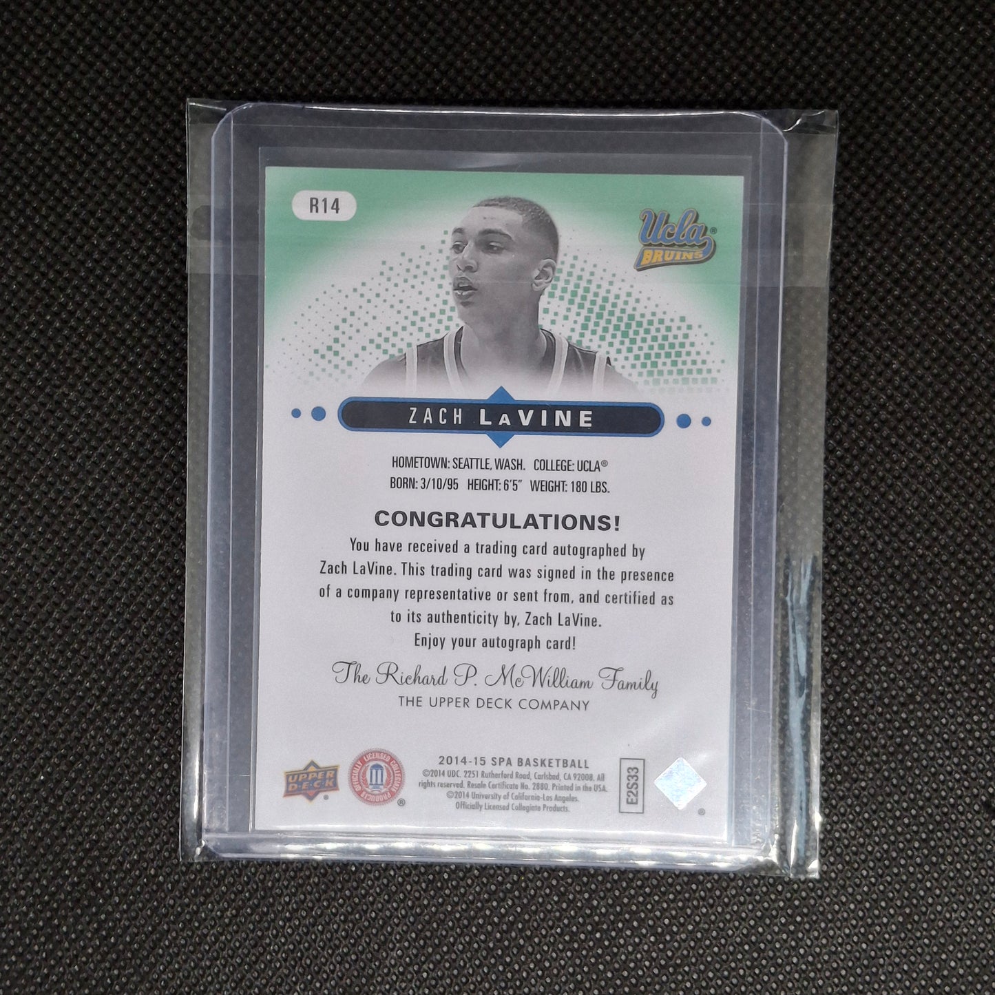 ZACH LAVINE 2014-15 Upper Deck SP Authentic Auto /225 On Card